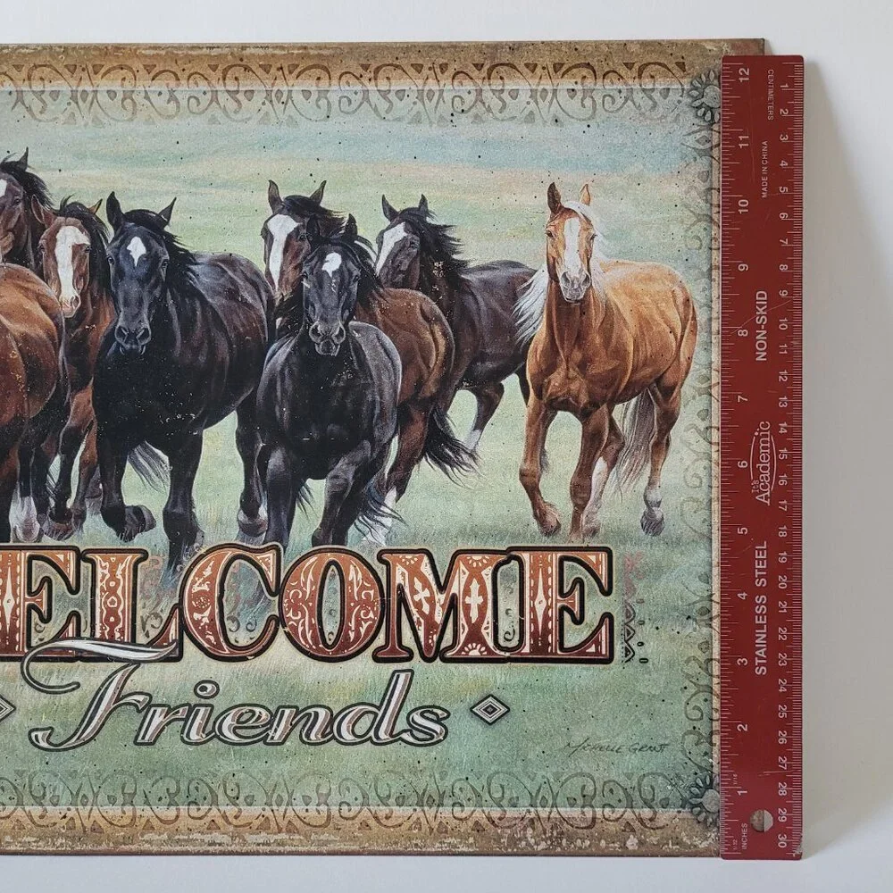 Running Horses Rustic Metal Tin Sign Welcome Friends Western Decor 16